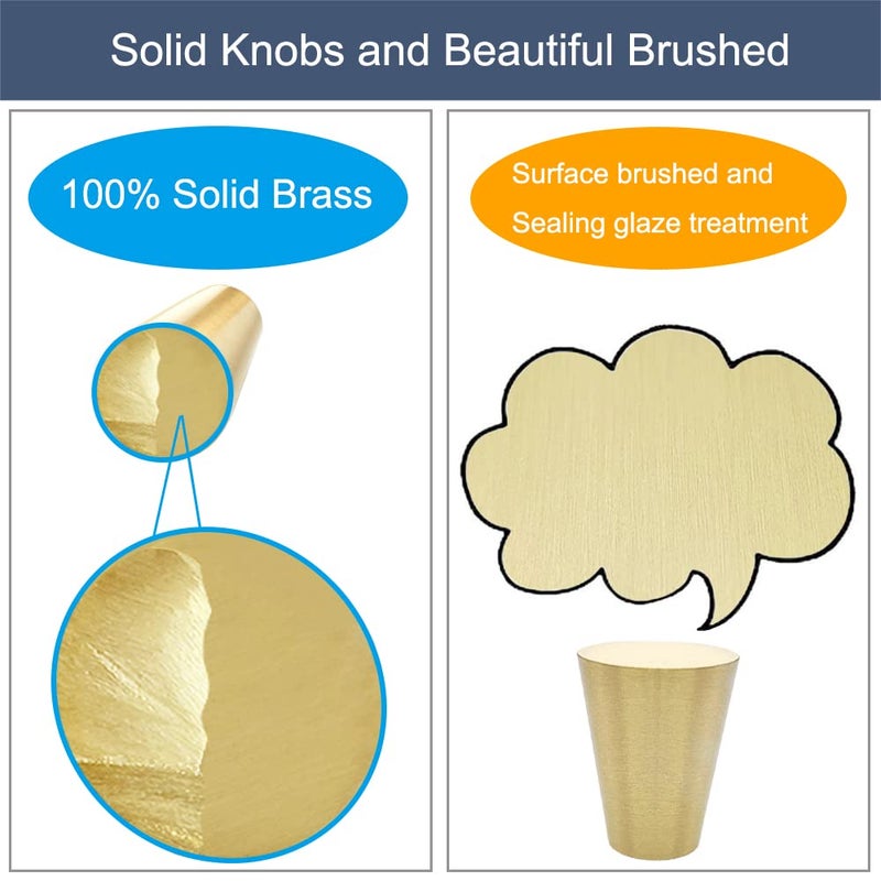 YEWLACA 6Pcs Brass Cabinet Knobs Solid Pure Copper Cone Knob Pull Handles for Kitchen Cabinet Drawer Dresser, Brushed Gold Brass Knobs with Screws - Image 2
